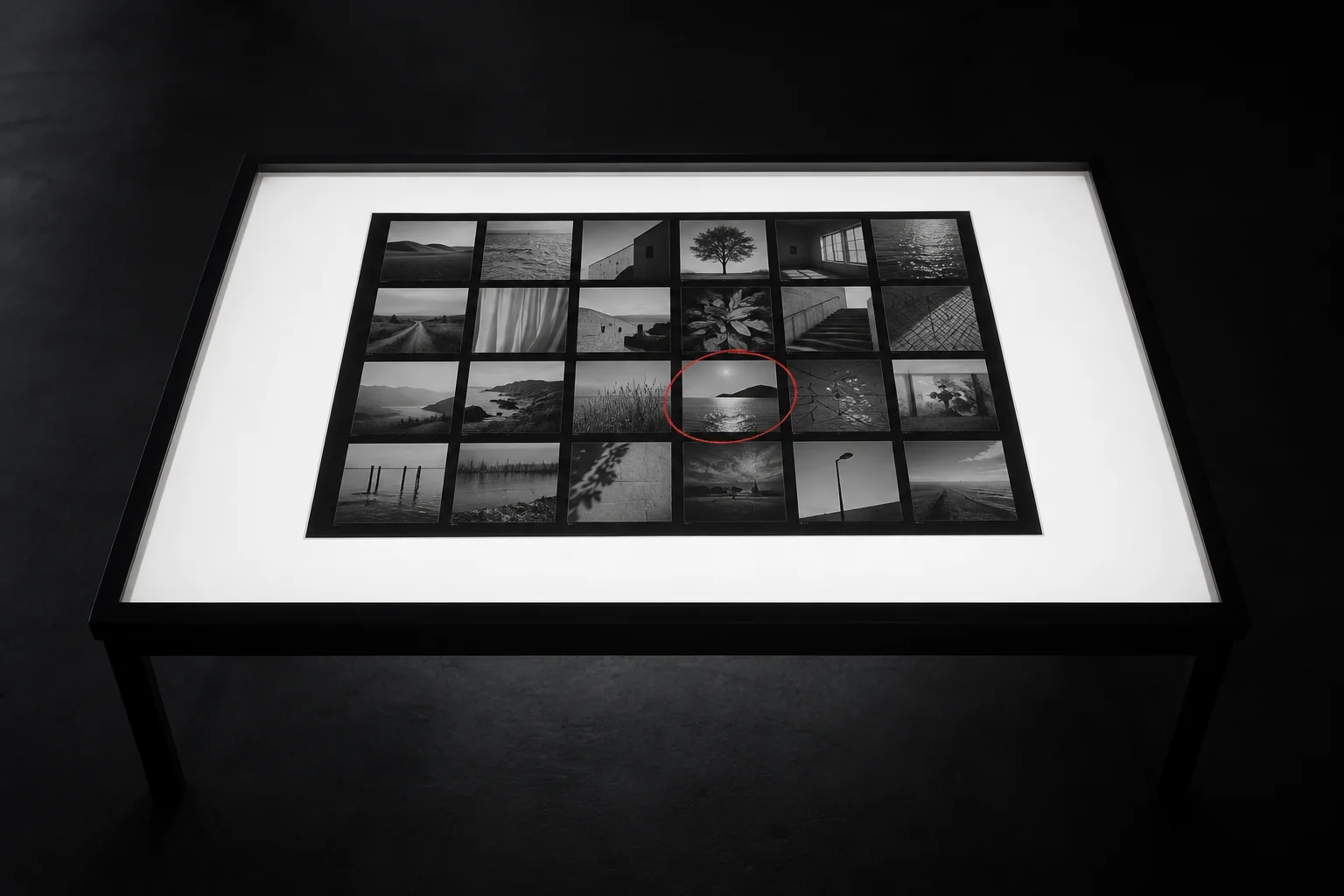 A contact sheet on a light table with one frame circled in red pencil