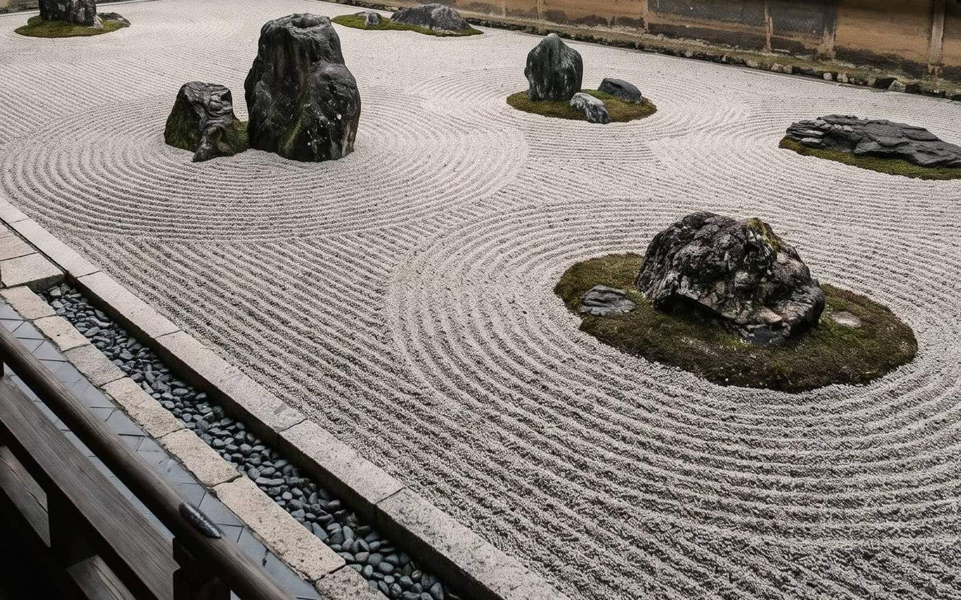 A karesansui dry garden: several dark stones set in pale gravel, each surrounded by its own concentric rake pattern