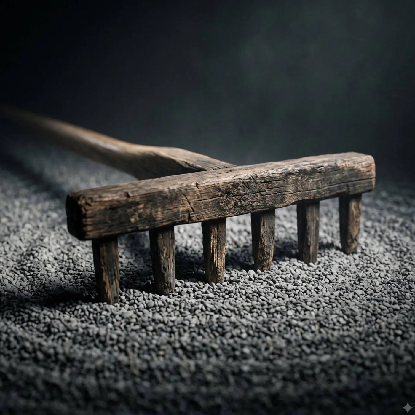 A traditional wooden Japanese garden rake resting on gravel