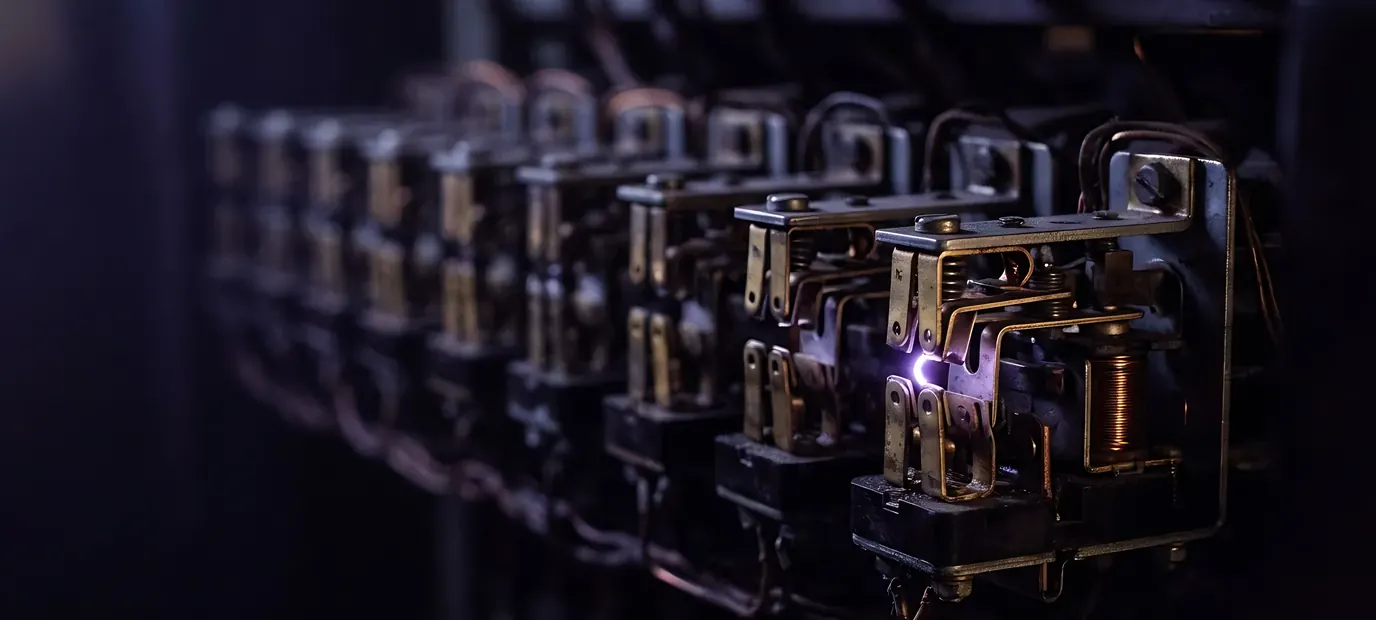 A row of brass telephone-exchange relays in the dark. Only the nearest one has closed, with a small violet spark between its contacts.