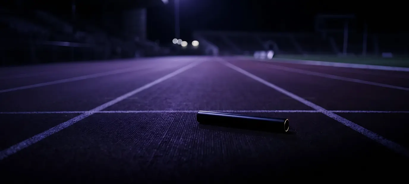 A relay baton lying on an empty running track at night, the lane lines running toward the floodlights