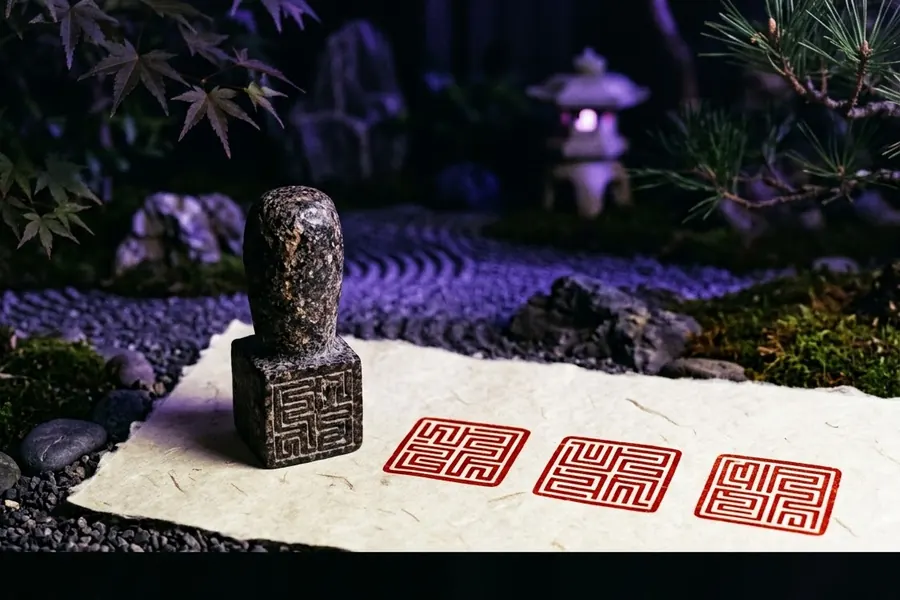 A carved hanko seal beside three vermilion impressions on washi paper