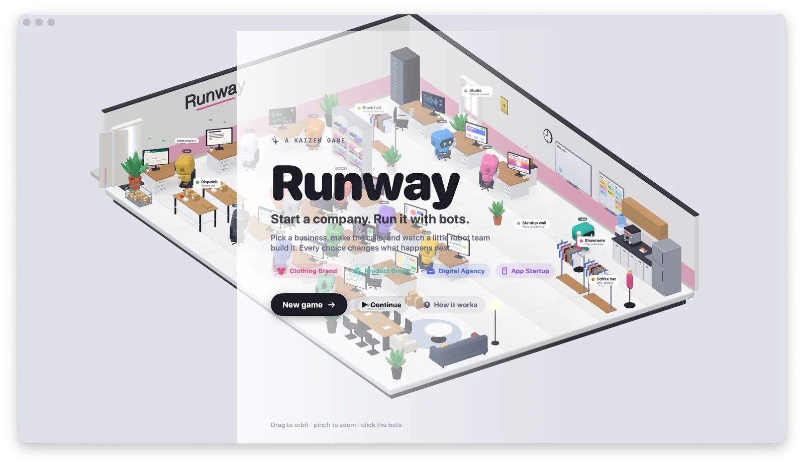 Runway's main menu in front of a 3D open-plan office where colourful robots sit at their desks